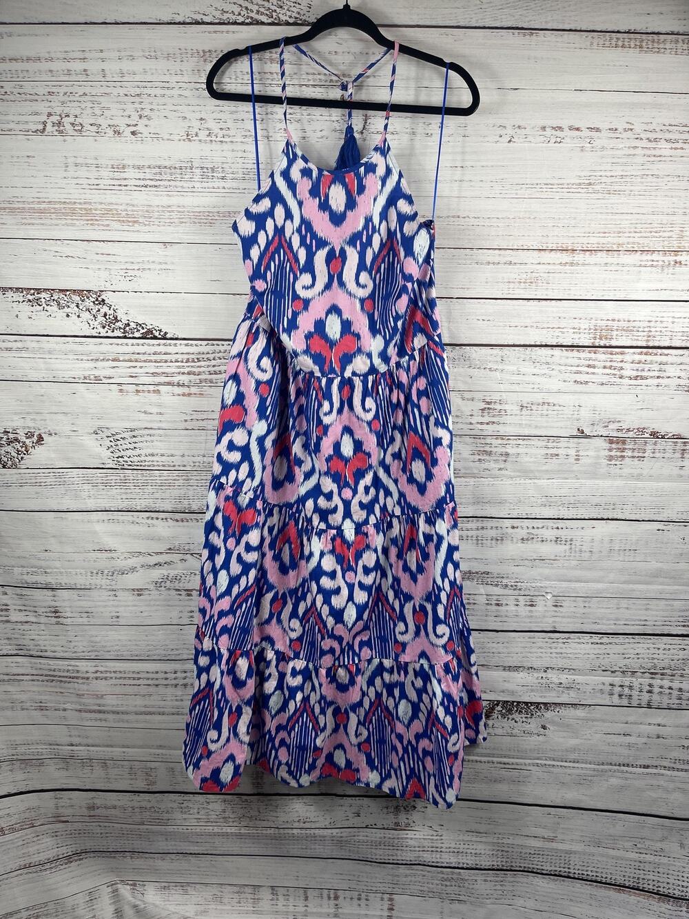Crown & Ivy Dress Women's Large Blue Pink Ikat Maxi Sundress Cotton Boho Tiered